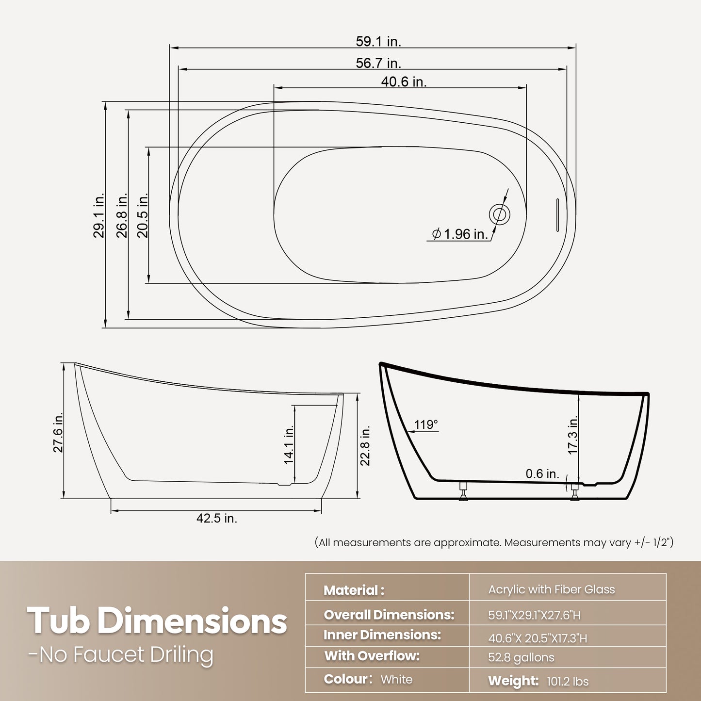 Vinnova Lahore 59.1" x 29.1" Soaking Bathtub