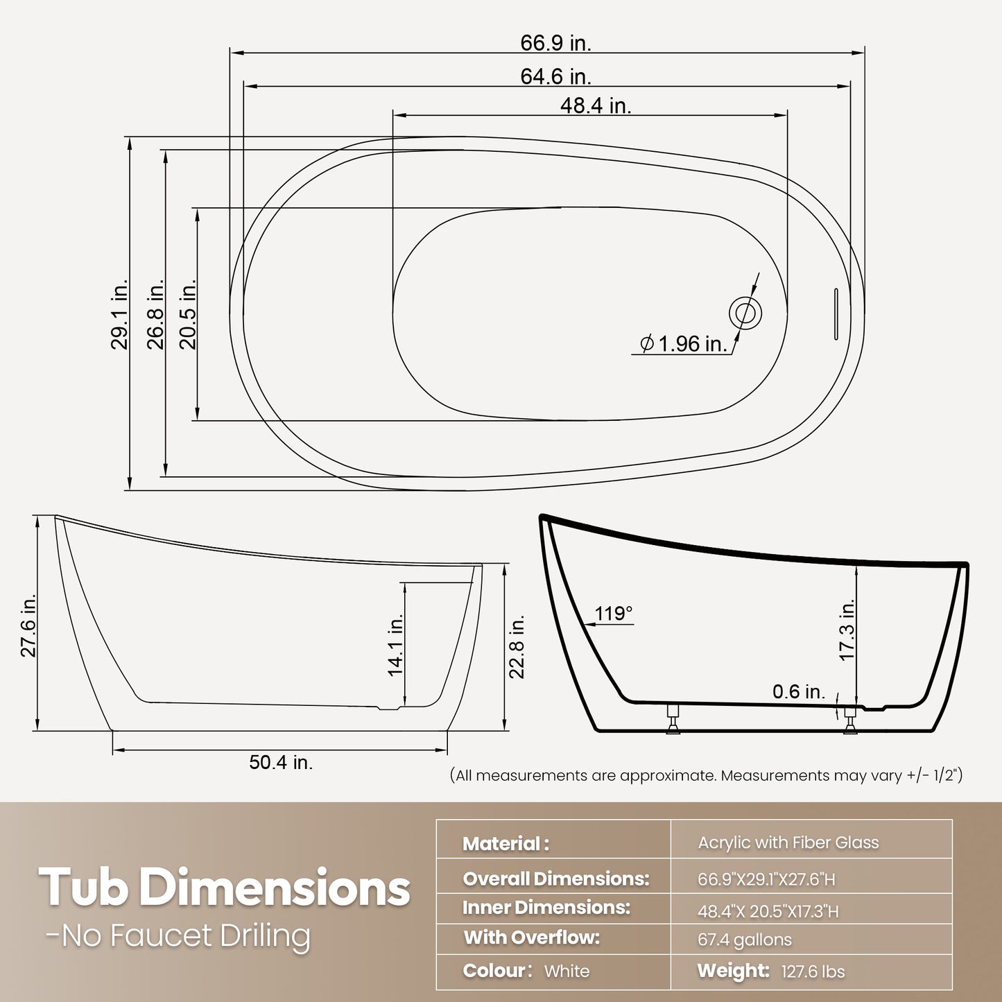 Vinnova Lahore 66.9" x 29.1" Soaking Bathtub