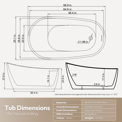 Vinnova Lahore 66.9" x 29.1" Soaking Bathtub
