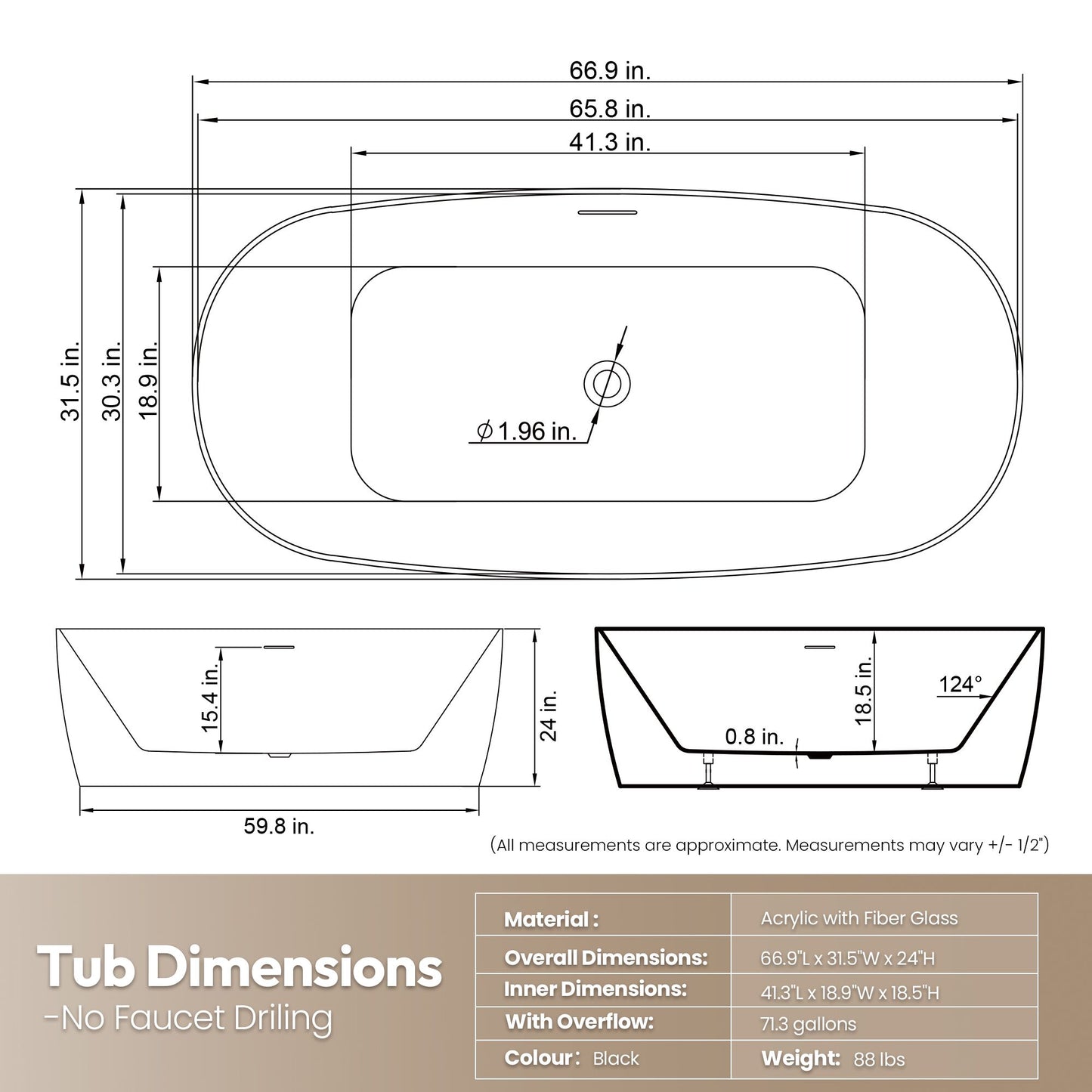 Vinnova London 66.9" x 31.5" Soaking Bathtub
