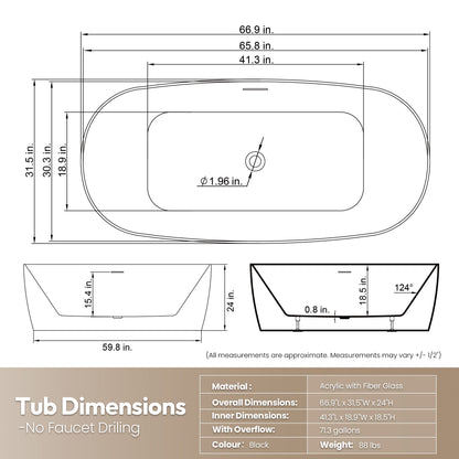 Vinnova London 66.9" x 31.5" Soaking Bathtub