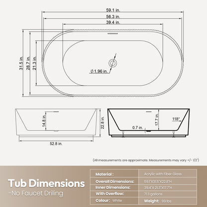 Vinnova Linyi 59.1" x 31.5" Soaking Bathtub