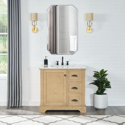 Hervas 36" Free-standing Single Bath Vanity in Fir Wood Brown with White Natural Carrara Marble Top
