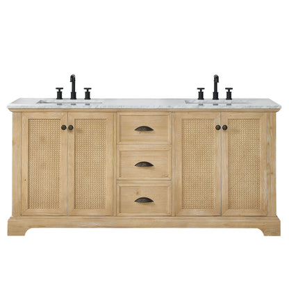 Hervas 72" Free-standing Double Bath Vanity in Fir Wood Brown with White Natural Carrara Marble Top