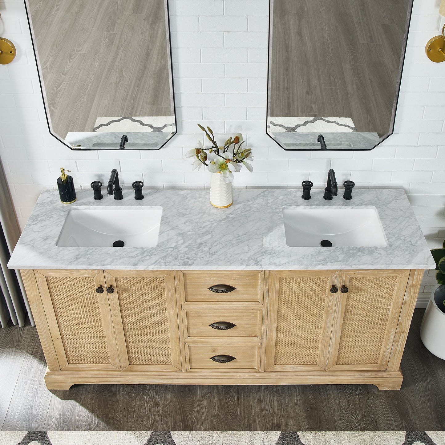 Hervas 72" Free-standing Double Bath Vanity in Fir Wood Brown with White Natural Carrara Marble Top
