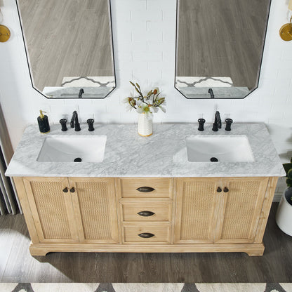 Hervas 72" Free-standing Double Bath Vanity in Fir Wood Brown with White Natural Carrara Marble Top