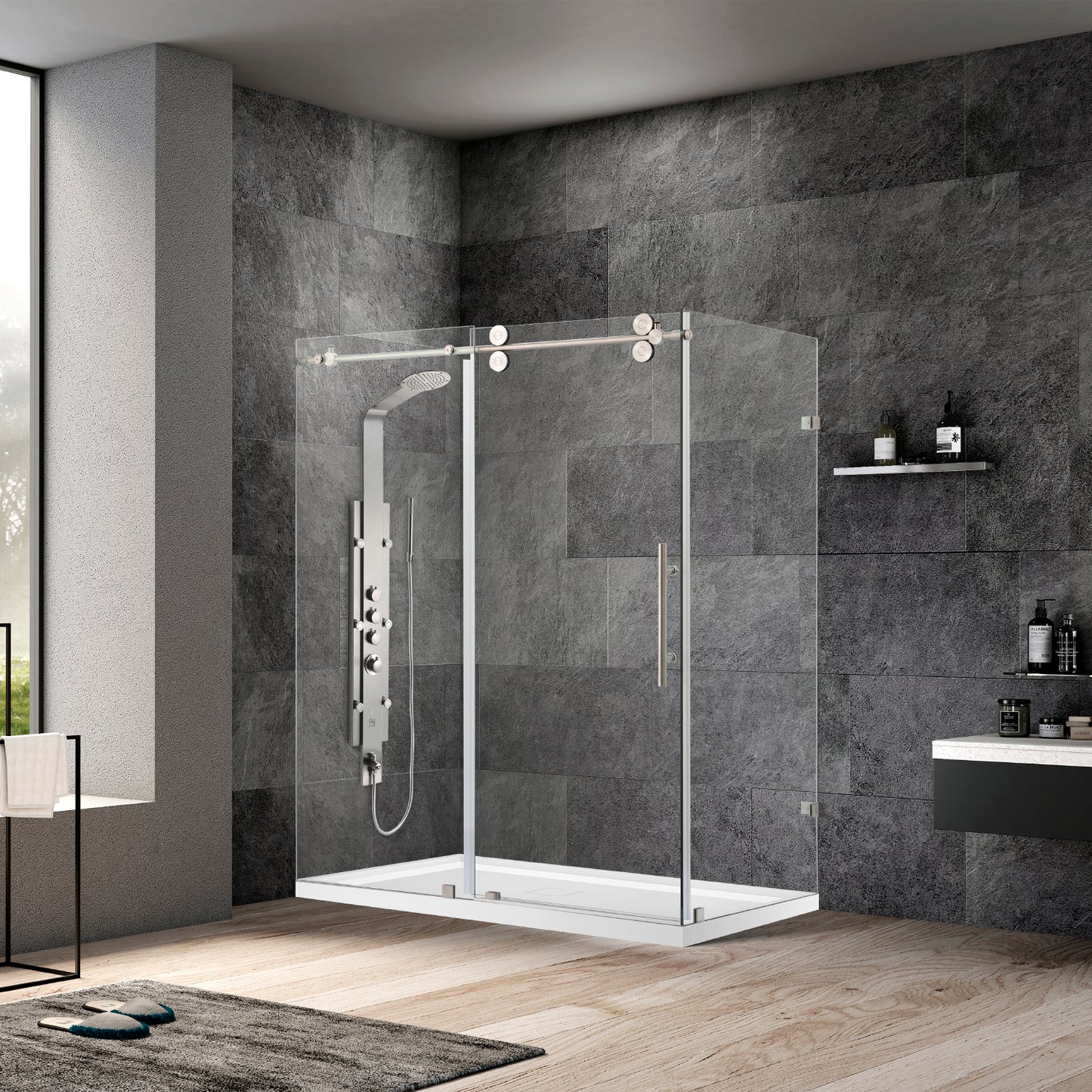 Villena 52" W x 78" H Rectangle Single Sliding Frameless Shower Enclosure in Brushed Nickel