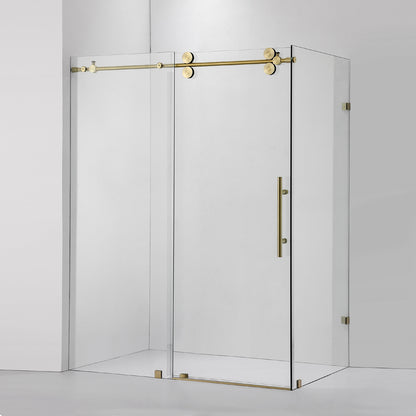 Villena 60" W x 78" H Rectangle Single Sliding Frameless Shower Enclosure in Brushed Gold