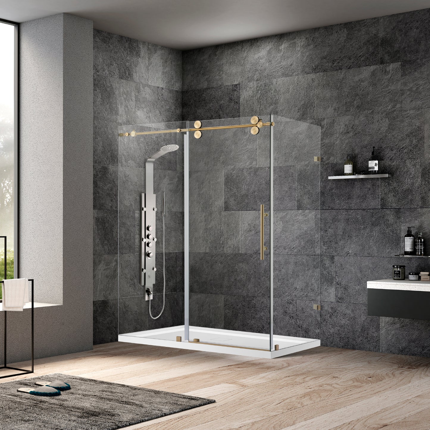 Villena 60" W x 78" H Rectangle Single Sliding Frameless Shower Enclosure in Brushed Gold
