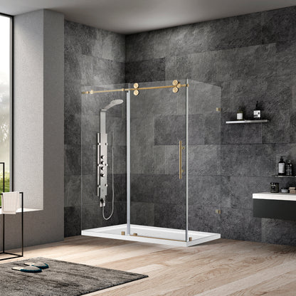 Villena 60" W x 78" H Rectangle Single Sliding Frameless Shower Enclosure in Brushed Gold