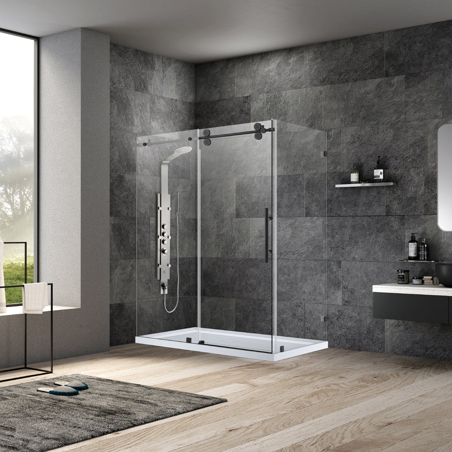 Villena 60" W x 78" H Rectangle Single Sliding Frameless Shower Enclosure in Matte Black