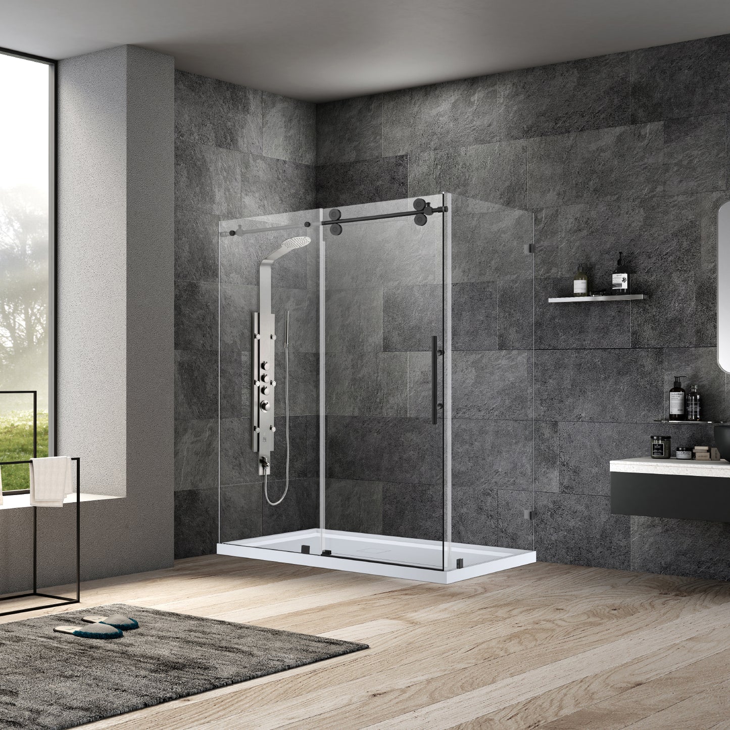 Villena 68" W x 78" H Rectangle Single Sliding Frameless Shower Enclosure in Matte Black