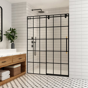 Open image in slideshow, Puente Single Sliding Frameless Shower Door in Matte Black
