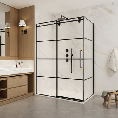 Losar Rectangle Single Sliding Frameless Shower Enclosure in Matte Black