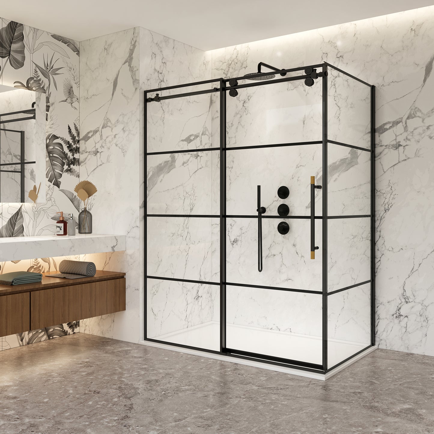 Losar Rectangle Single Sliding Frameless Shower Enclosure in Matte Black