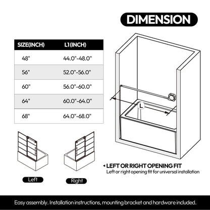 Losar 60" W x 66" H Sliding Frameless Bathtub Shower Door Tempered Glass in Matte Black