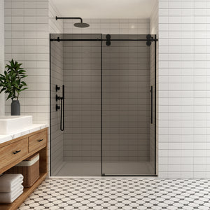 Open image in slideshow, Echarri Single Sliding Frameless Shower Door in Matte Black
