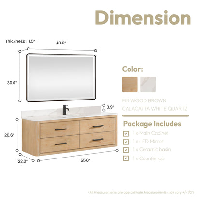 Cristo 55" Floating Single Bath Vanity in Fir Wood Brown with Fish Maw White Quartz Stone Top