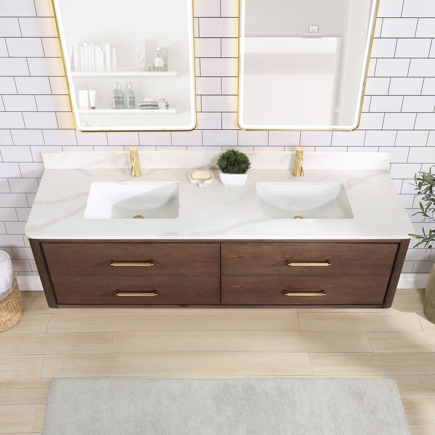 Cristo 72" Floating Double Bath Vanity in Aged Dark Brown Oak with Fish Maw White Quartz Stone Top