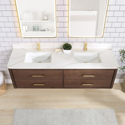 Cristo 72" Floating Double Bath Vanity in Aged Dark Brown Oak with Fish Maw White Quartz Stone Top