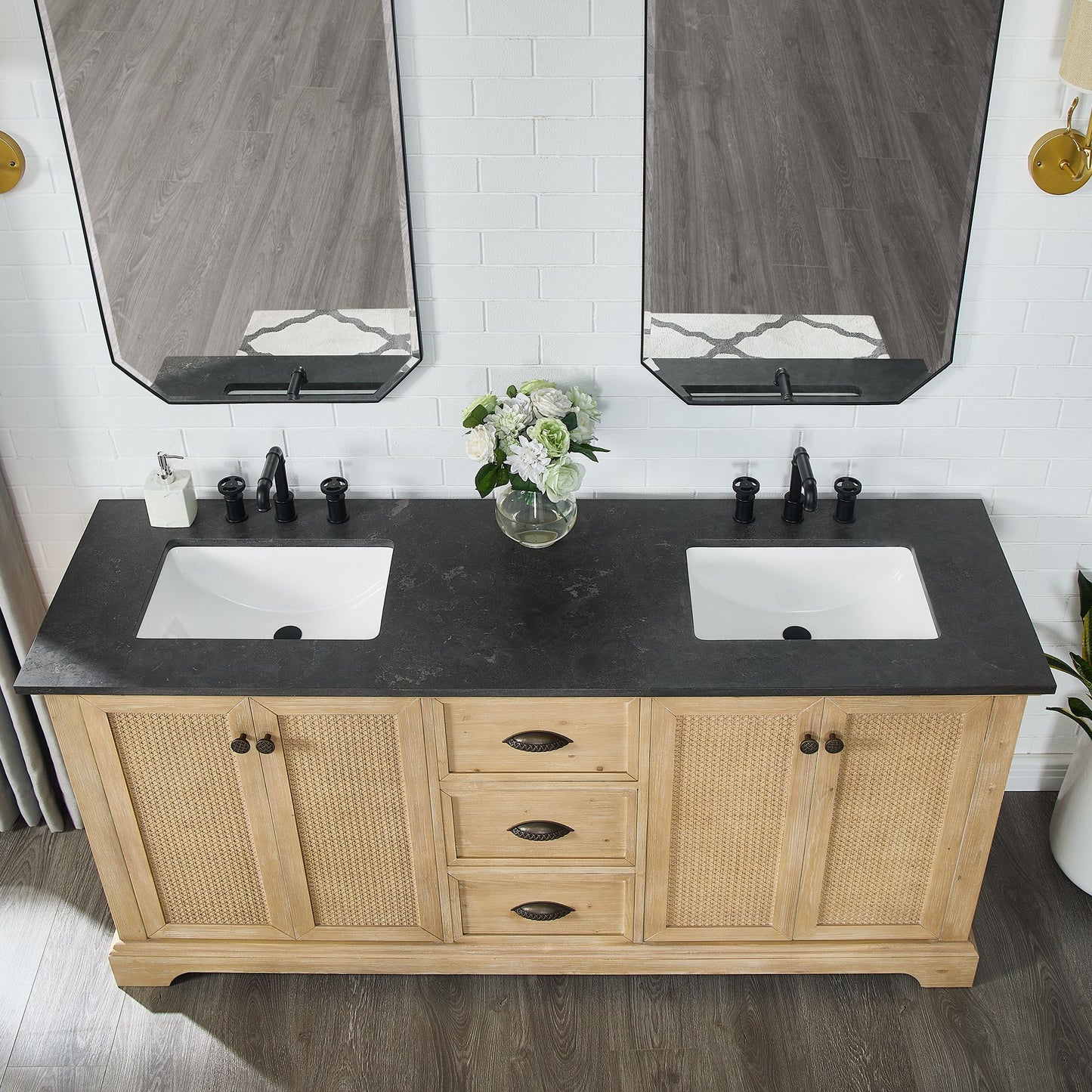 Hervas 72" Free-standing Double Bath Vanity in Fir Wood Brown with Black Natural Celestite Marble Top