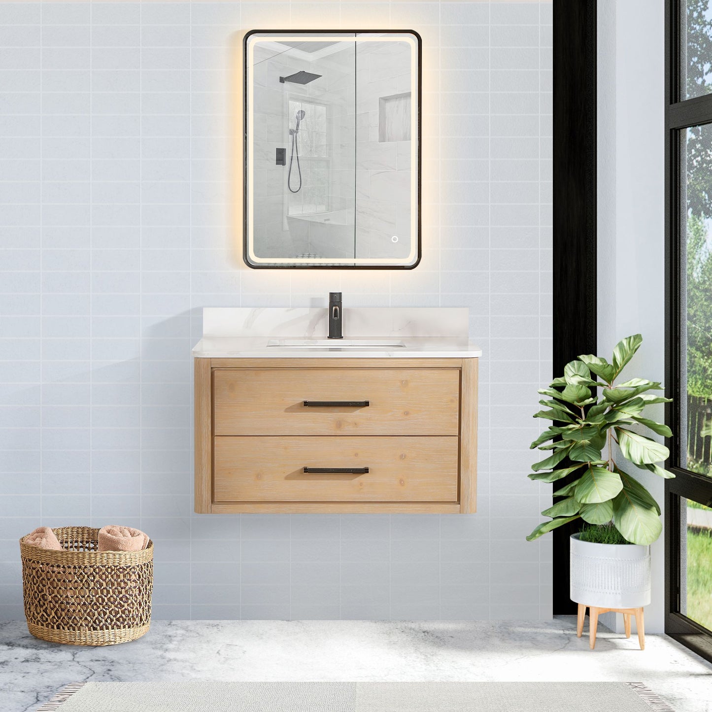 Cristo 36" Floating Single Bath Vanity in Fir Wood Brown with Fish Maw White Quartz Stone Top