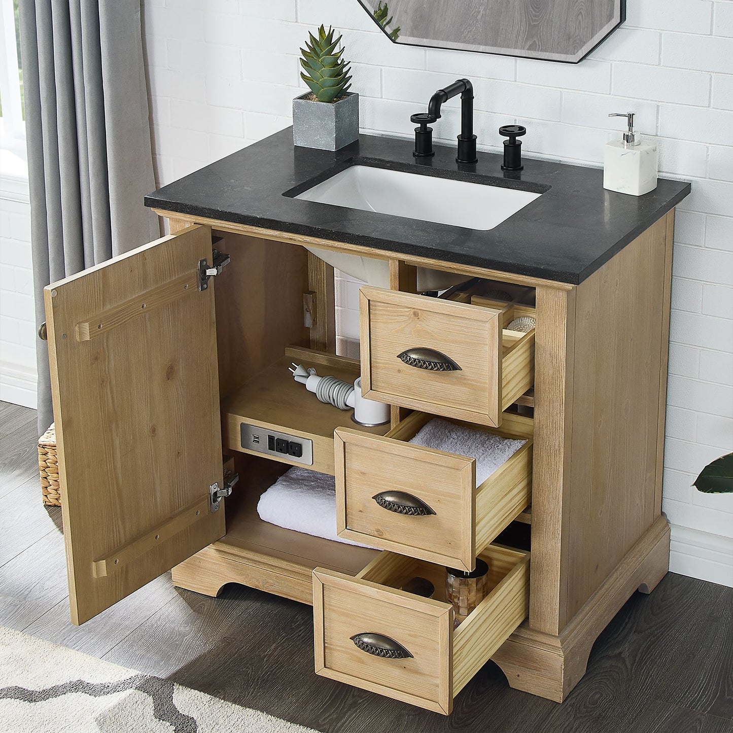 Hervas 36" Free-standing Single Bath Vanity in Fir Wood Brown with Black Natural Celestite Marble Top
