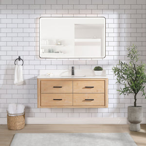 Cristo 48" Floating Single Bath Vanity in Fir Wood Brown with Fish Maw White Quartz Stone Top