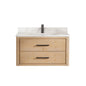 Cristo 36" Floating Single Bath Vanity in Fir Wood Brown with Fish Maw White Quartz Stone Top