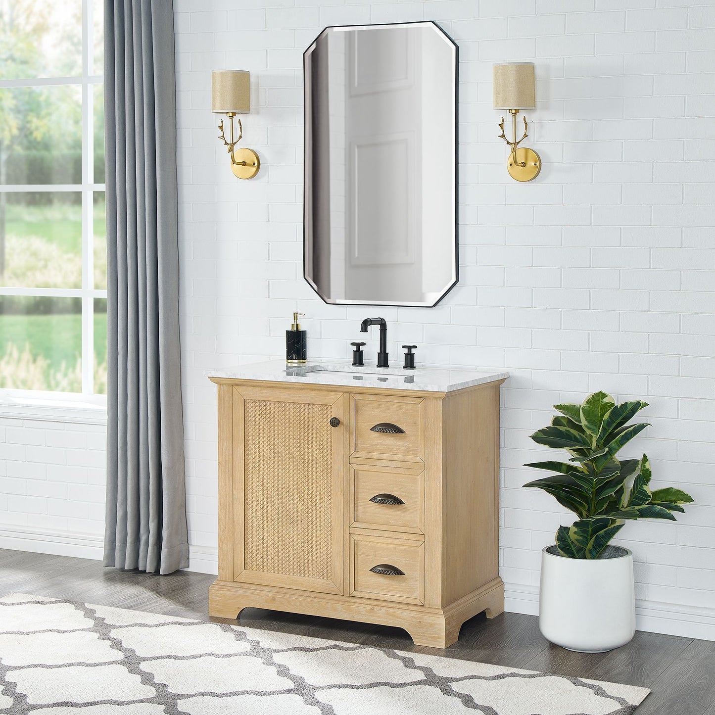 Hervas 36" Free-standing Single Bath Vanity in Fir Wood Brown with White Natural Carrara Marble Top