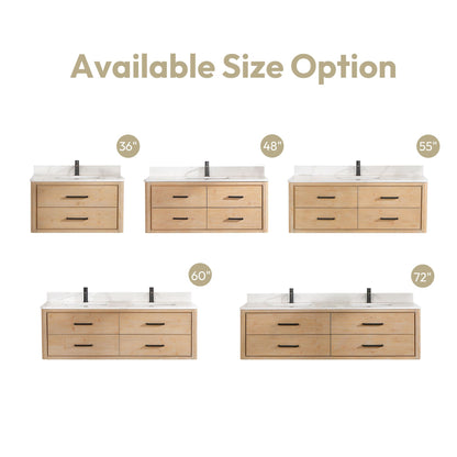 Cristo 55" Floating Single Bath Vanity in Fir Wood Brown with Fish Maw White Quartz Stone Top