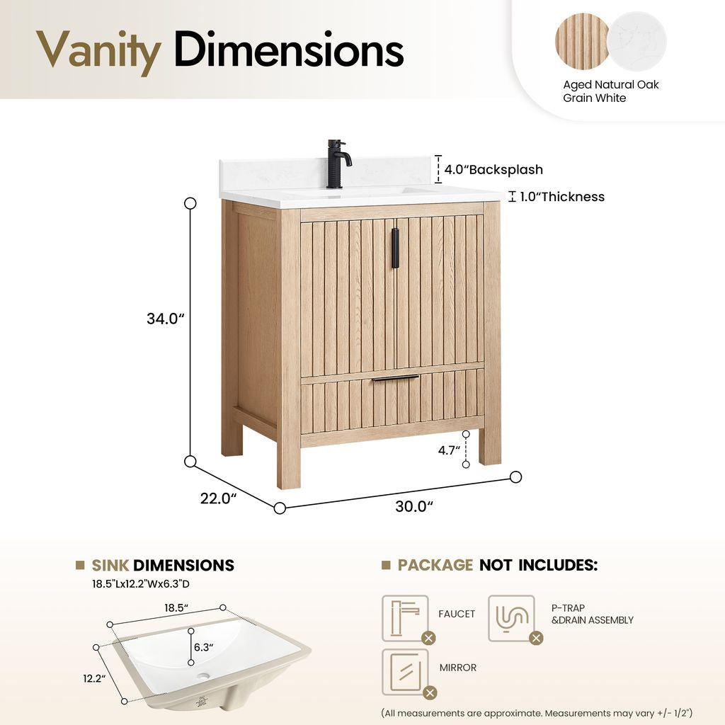 Shenzhen 30" Single Sink Bath Vanity in Aged Natural Oak