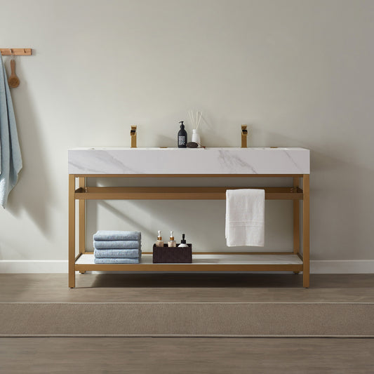 Bilbao 60" Double Vanity with Brushed-gold stainless steel bracket match with Snow mountain-white stone Countertop