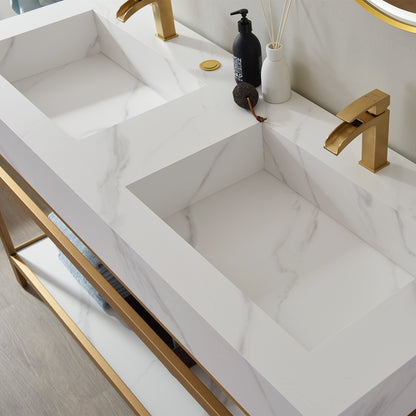 Bilbao 60" Double Vanity with Brushed-gold stainless steel bracket match with Snow mountain-white stone Countertop