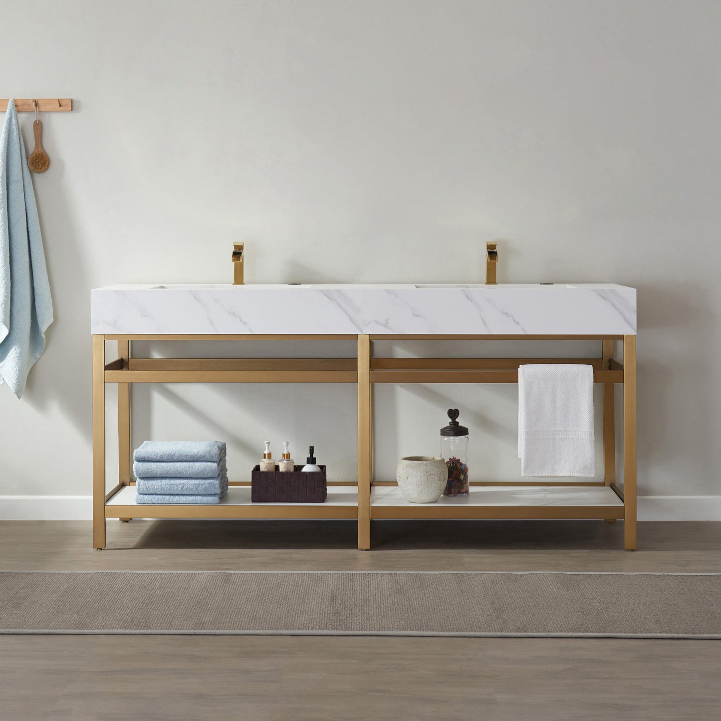 Bilbao 72" Double Vanity with Brushed-gold stainless steel bracket match with Snow mountain-white stone Countertop