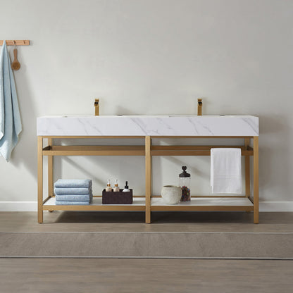 Bilbao 72" Double Vanity with Brushed-gold stainless steel bracket match with Snow mountain-white stone Countertop