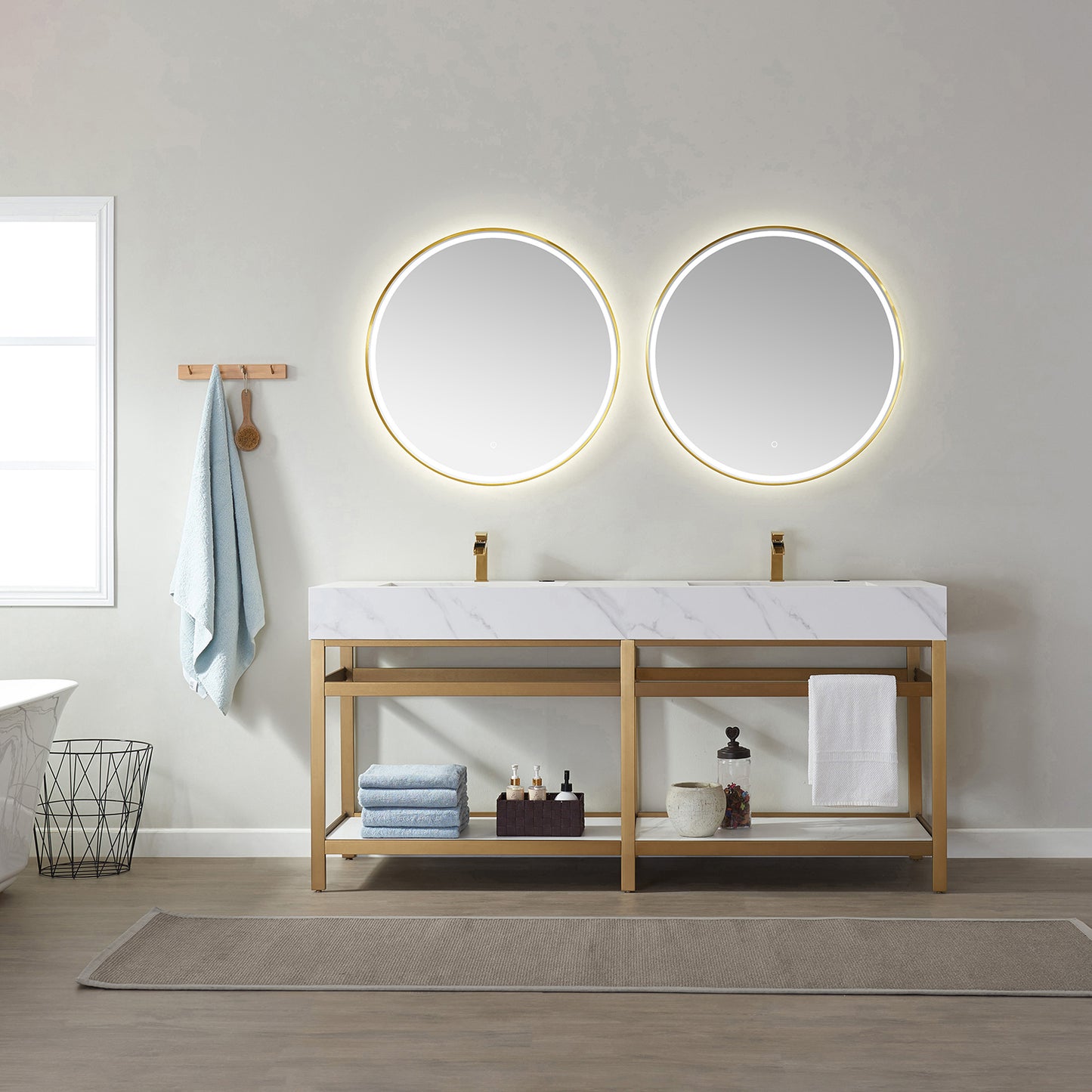Bilbao 72" Double Vanity with Brushed-gold stainless steel bracket match with Snow mountain-white stone Countertop