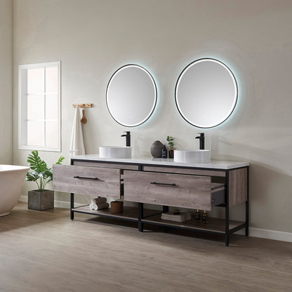 Murcia 84" Vanity in Mexican Oak with White Composite Grain Stone Countertop and Ceramic Vessel Sink