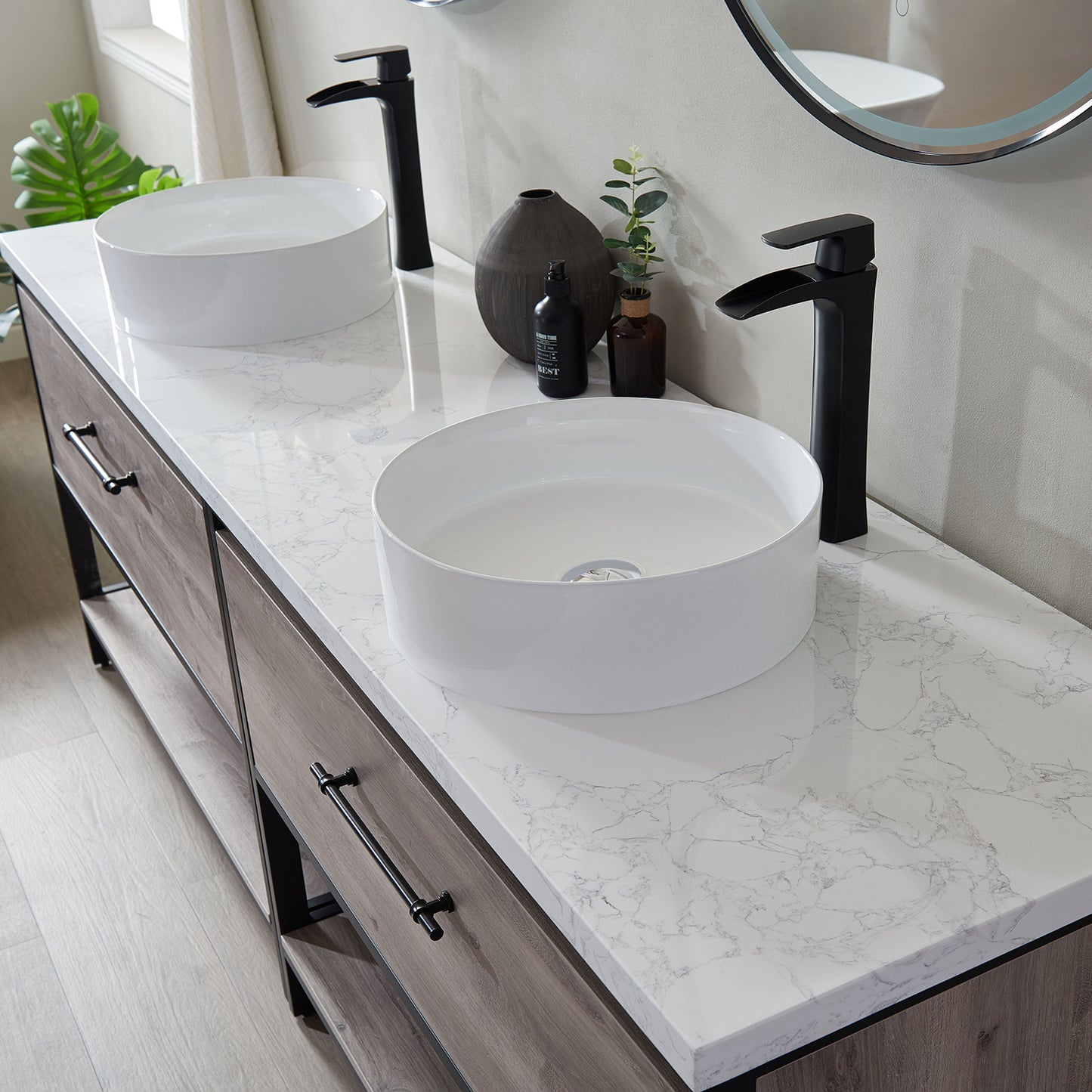 Murcia 84" Vanity in Mexican Oak with White Composite Grain Stone Countertop and Ceramic Vessel Sink