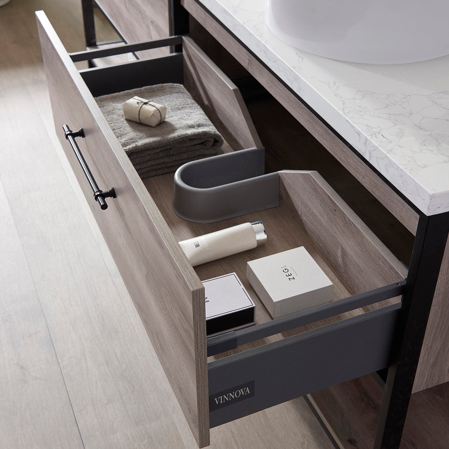 Murcia 84" Vanity in Mexican Oak with White Composite Grain Stone Countertop and Ceramic Vessel Sink