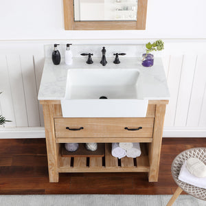 Villareal 36" Single Vanity in Weathered Pine with Composite Stone Top in White, White Farmhouse Basin
