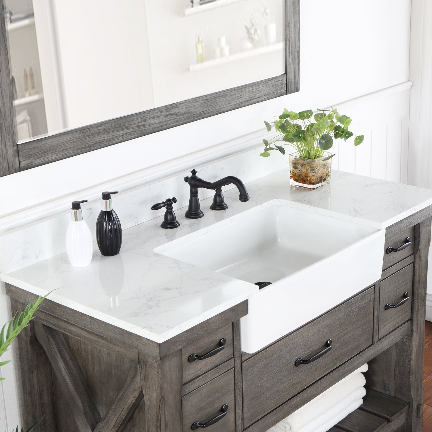 Villareal 48" Single Vanity in Classical Grey with Composite Stone Top in White, White Farmhouse Basin