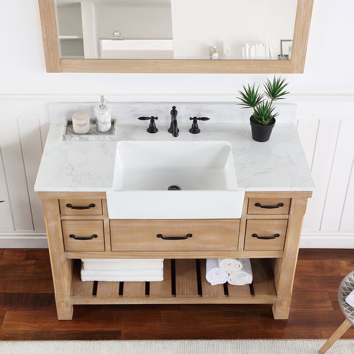 Villareal 48" Single Vanity in Weathered Pine with Composite Stone Top in White, White Farmhouse Basin