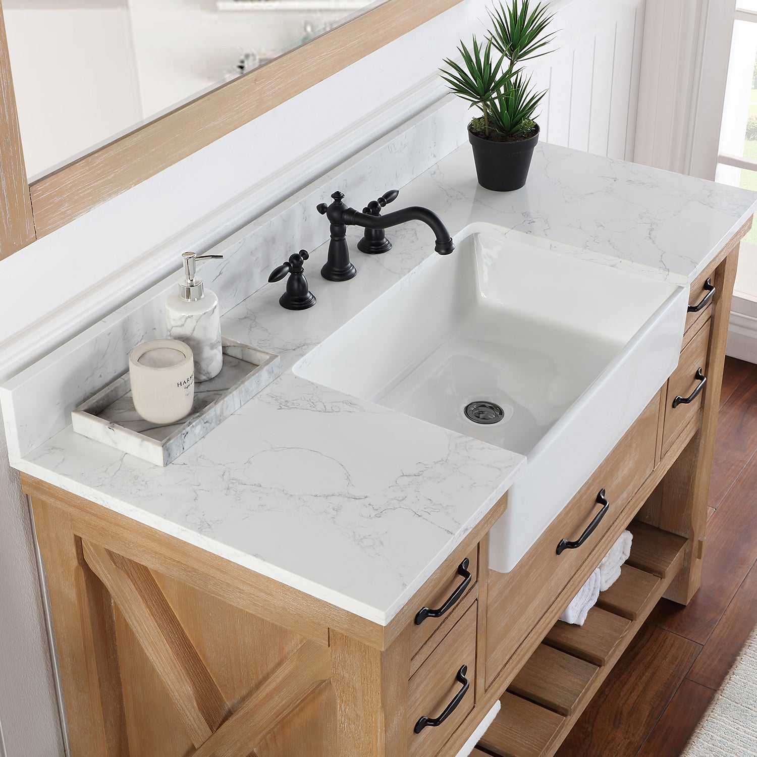 Villareal 48" Single Vanity in Weathered Pine with Composite Stone Top in White, White Farmhouse Basin