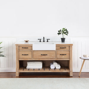 Open image in slideshow, Villareal 60&quot; Single Vanity in Weathered Pine with Composite Stone Top in White, White Farmhouse Basin
