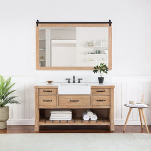 Open image in slideshow, Villareal 60&quot; Single Vanity in Weathered Pine with Composite Stone Top in White, White Farmhouse Basin
