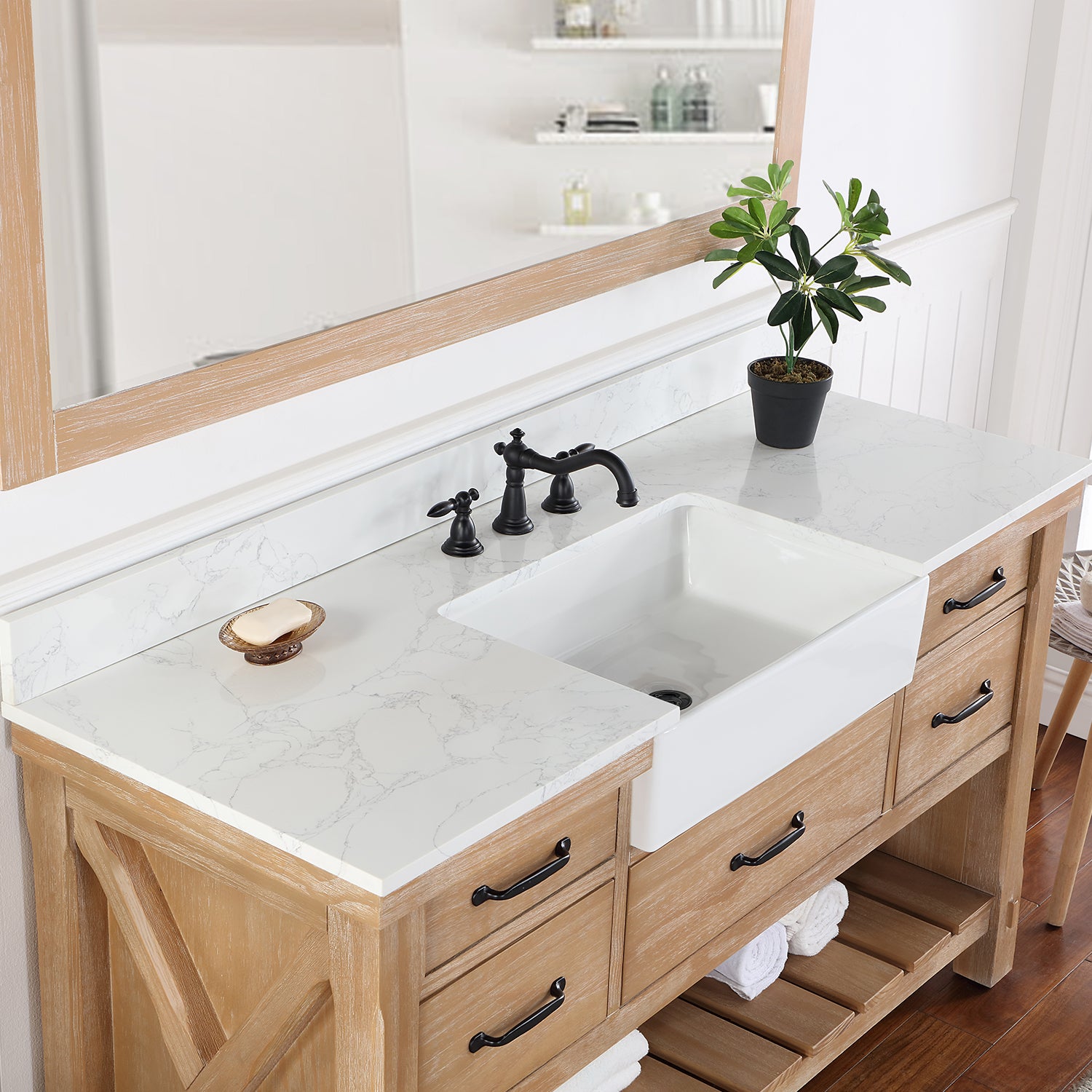 Villareal 60" Single Vanity in Weathered Pine with Composite Stone Top in White, White Farmhouse Basin