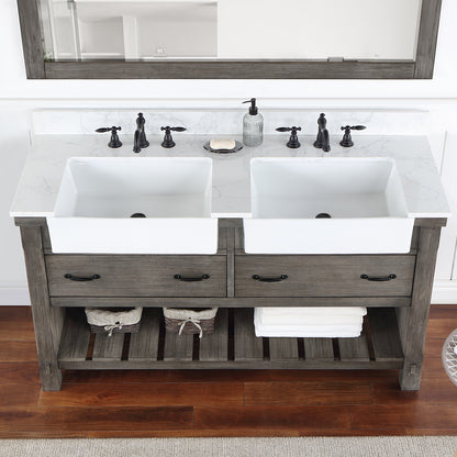 Villareal 60" Double Vanity in Classical Grey with Composite Stone Top in White, White Farmhouse Basin