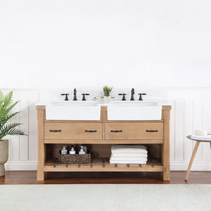 Open image in slideshow, Villareal 60&quot; Double Vanity in Weathered Pine with Composite Stone Top in White, White Farmhouse Basin
