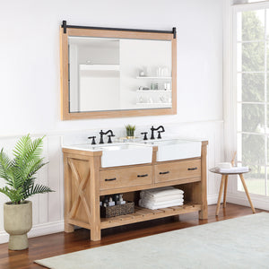 Villareal 60" Double Vanity in Weathered Pine with Composite Stone Top in White, White Farmhouse Basin